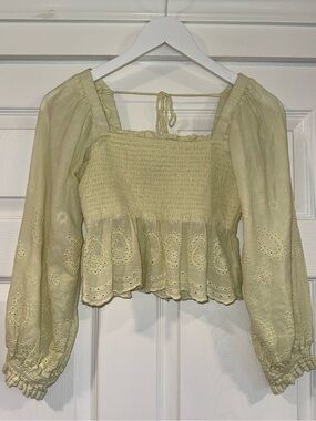 American Eagle Smocked Stretchy Lemon Puff Long-Sleeve Cotton Peasant Crop Top